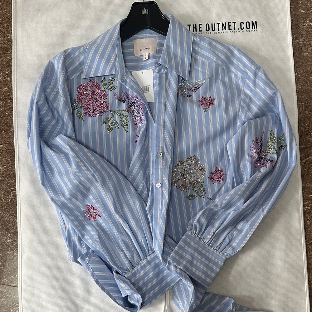 Hannah Stripe Embellished Tie Hem Shirt Cinq à Sept size small